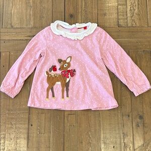 Mini Boden pink polka dot holiday deer ruffled collar long sleeve top 18-24